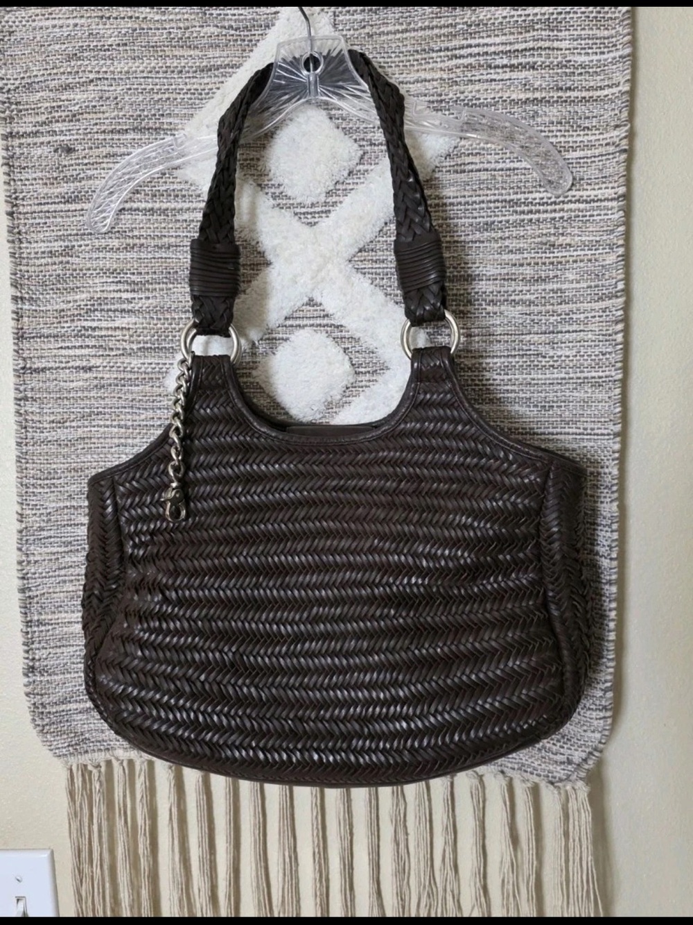 Donald J Pliner Woven Leather Purse Handbag Double Straps Shoulder Tote High End